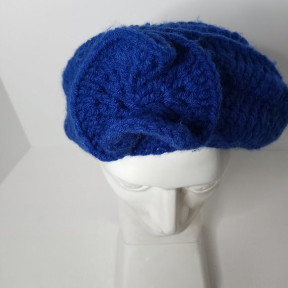 Handmade Floral Crochet Knit Hat w/Flower Blue Women's 9" Round - Picture 4 of 4
